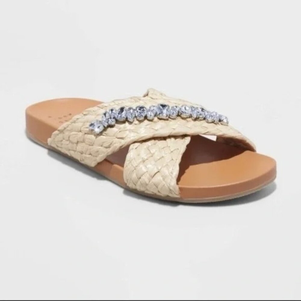 A New Day Women's Phylis Raffia with Crystals Slide Sandals 7 NWT